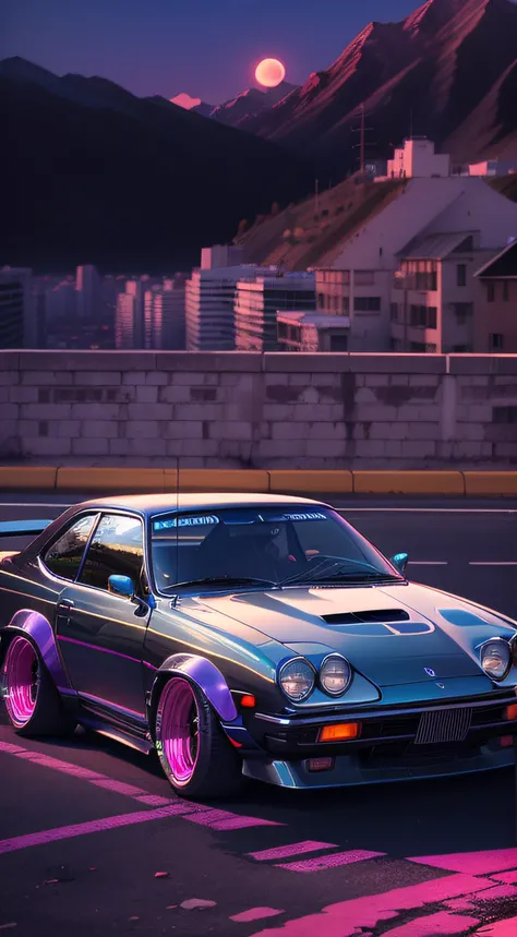 retrowave. City, 1969 Nissan S30, wide body kit, Road, PURPLE NEON MONITOR LIGHT, Sun, Mountain, (Masterpiece, Detailed, A high resolution),