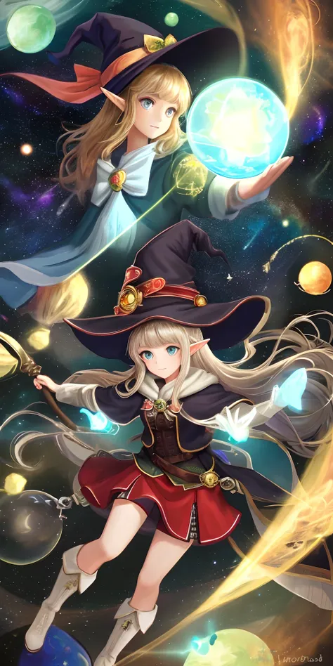 Best quality, A high resolution, 1girll, elf, Witch hat, Floating in space, energy sphere, Light particles, Shiny hair, Shining stars, fantasy,