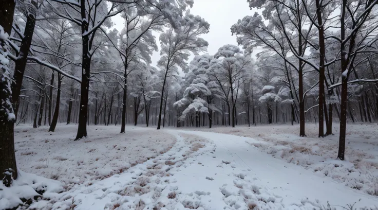 vale nevado noturno com floresta e chuva forte de neve