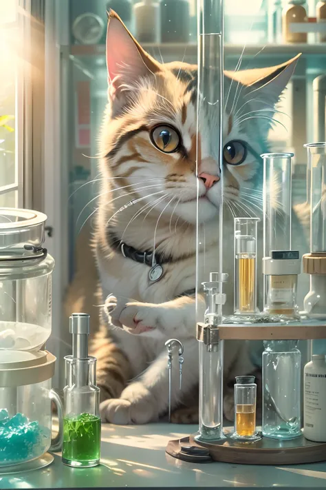 A round-eyed cat holds a test tube, in laboratory, Test tube rack, Glass cabinet, pharmaceuticals, Sunlight outside the window,