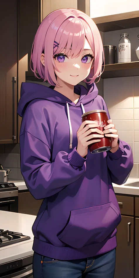 one nineteen years old girl, pink short hair, hair covers one eye, purple eyes, hair clip, light blush (1 :1) , light smile, black hoodie, blue jean, kitchen, sipping cola