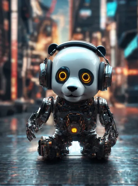 A panda robot,Wearing sunglasses, with headphones on, Standing position, Abstract beauty, Dynamic, Highly detailed digital painting, concept-art, 8K, high definition resolution