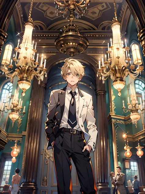 1boy,11 only、(Mans :2),(bobhair:1.5)、a blond、Naked tuxedo、Inside a luxurious Western-style building、Luxurious chandeliers、Vibrant lighting、hightquality、masutepiece,8K,hight resolution、