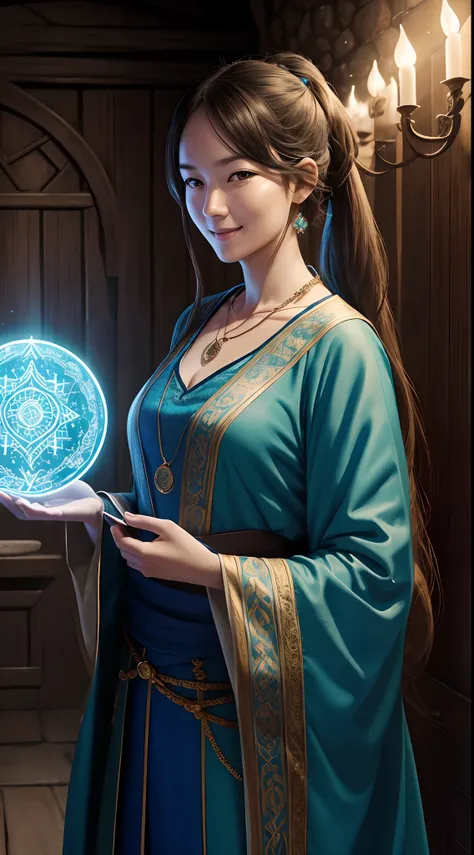 Color portrait illustration, (Attractive sexy women as wizards, pony tails, Wearing_Long_Flowing_Blue_iintricate_Embroidered_wizard_Robes), (necklace, Sacoche, Portate, Smiling, Highly detailed face, Masterpiece, Best quality), Highly detailed, (in a dunge...