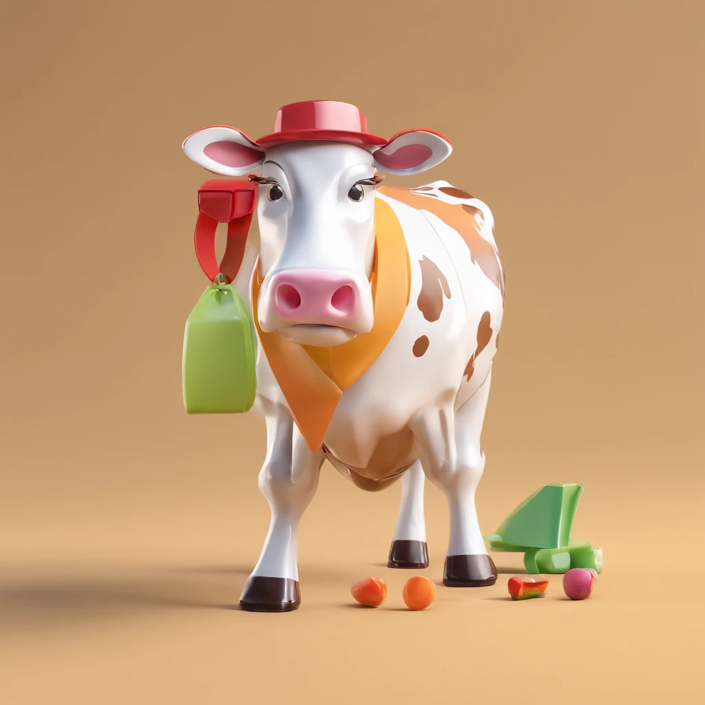 Cow in hat standing, a blind box toy, Glossy and delicate,Clean background, Good gloss, 3D rendering of,Best quality