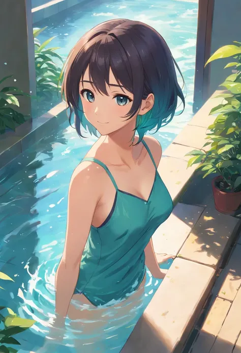 Female Student，nffsw，Standing in a large open-air bath　Left hand in front of chest　silber hair　perm　朧月　bewitching　barechested　ssmile，style of anime，Highlight，full of details，Get wet