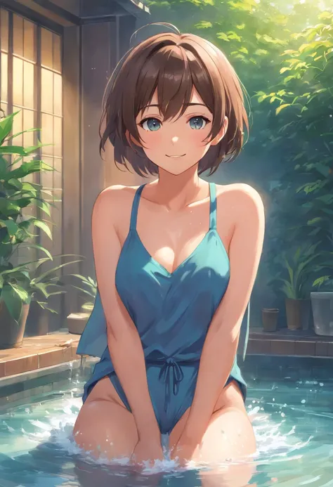 Female Student，nffsw，Standing in a large open-air bath　Left hand in front of chest　silber hair　perm　朧月　bewitching　barechested　ssmile，style of anime，Highlight，full of details，Get wet