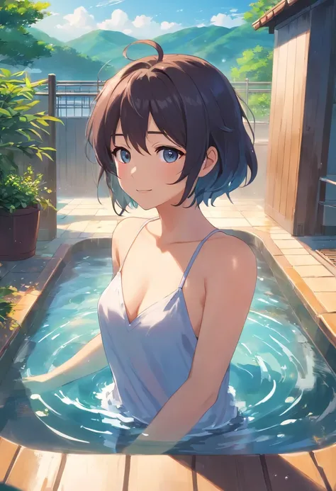 Female Student，nffsw，Standing in a large open-air bath　Left hand in front of chest　silber hair　perm　朧月　bewitching　barechested　ssmile，style of anime，Highlight，full of details，Get wet