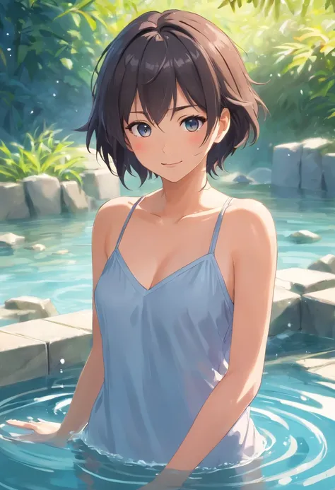 Female Student，nffsw，Standing in a large open-air bath　Left hand in front of chest　silber hair　perm　朧月　bewitching　barechested　ssmile，style of anime，Highlight，full of details，Get wet