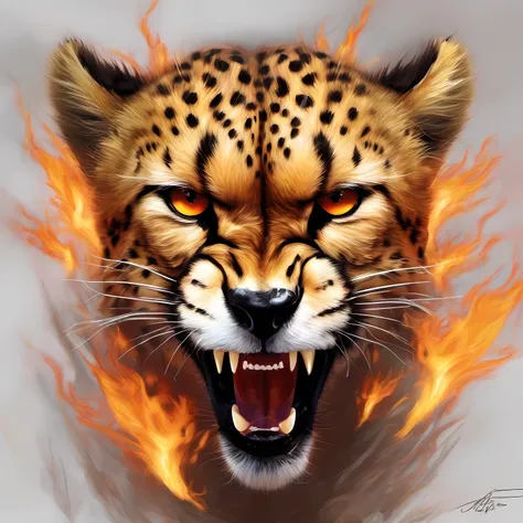 angry cheetah, flaming eyes, head only