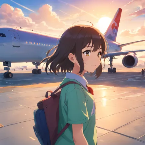 ​masterpiece、top-quality、Movie stills、2 girls、Cloud Girl、Looking up at the airliner、Passenger aircraft、A dark-haired、1st grade elementary school student、a smile、a bird、a closeup、发光、Happiness、Warm and soft lighting、(Spark:0.7)