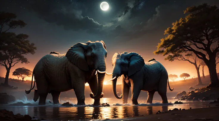 Ultrarealistic African elephants bathimg under a moonlit sky in a natural waterhole in th savannah, highly detailed, cinematic lighting