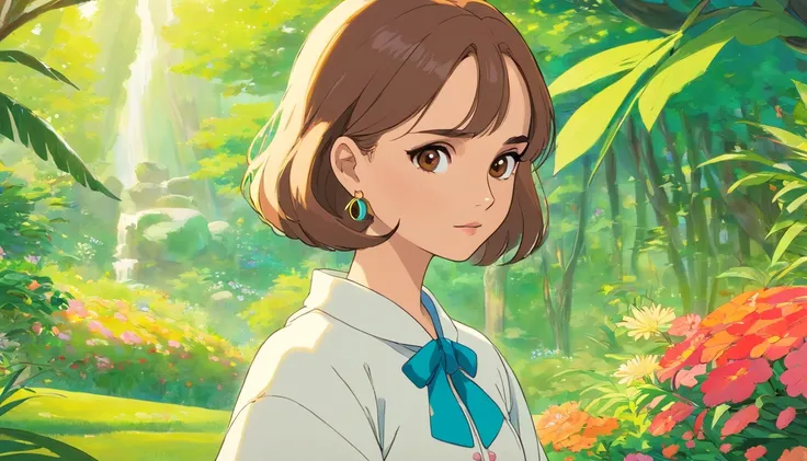 A girl,((Natalie Portman)),Brown eyes, Wear an anime collar, A long necklace and earrings, inthe style of tranquil gardenscapes, colorful animation stills, Masami Teraoka, aquamarine, Paul Gauguin, Amber style, Honest portrayal