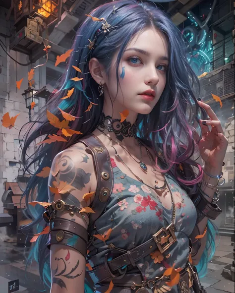 Create a realistic and visually stunning portrait of Uta, A mysterious and enigmatic character from a dystopian world. Highlight Utas unique features, y compris les tatouages faciaux frappants et non conventionnels, Vibrant hair with a captivating mix of c...