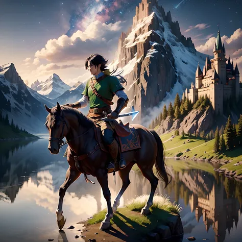 Legend of zelda, male hero holding sword, triumphant, dynamic light, mountains, night, stars, moonlight, campfire, reflection lake in background, hyper-realistic, best quality, black hair, medieval, castle on top of mountain in background,