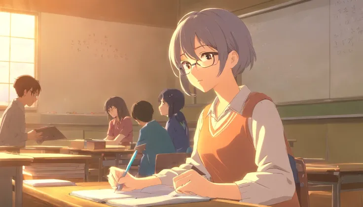 In the classroom，The teacher is lecturing the students，Gray-haired old teacher，Asian people，wears glasses，closeup cleavage，sharp focus on eyes，8K，super-fine，oil painted，Hyper-realistic，best qualtiy