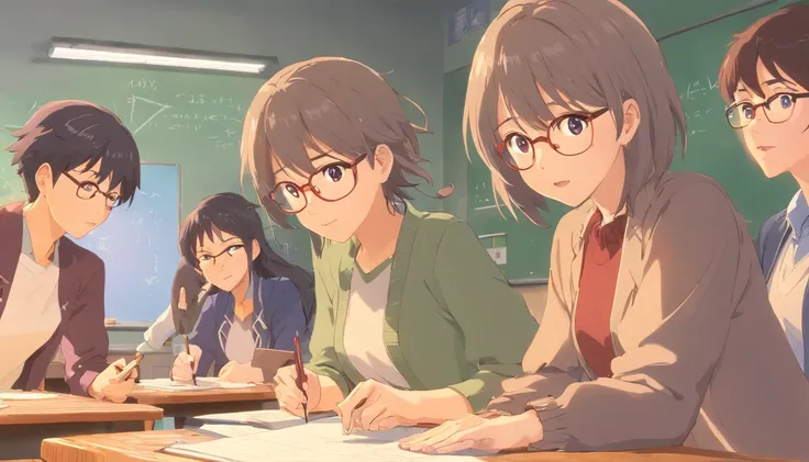 In the classroom，The teacher is lecturing the students，Gray-haired old teacher，Asian people，wears glasses，closeup cleavage，sharp focus on eyes，8K，super-fine，oil painted，Hyper-realistic，best qualtiy