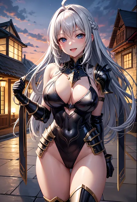 Woman knight、a beauty girl、huge tit、Excellent style、Nice Buddy、glamorous、Black leotard、s Armor、Bra chest armor、knee boots、gauntlets、greave、hair adornments、silber hair、Longhaire、Ahoge、Medieval city、full body seen、outside of house、Night view、a smile、slightly...