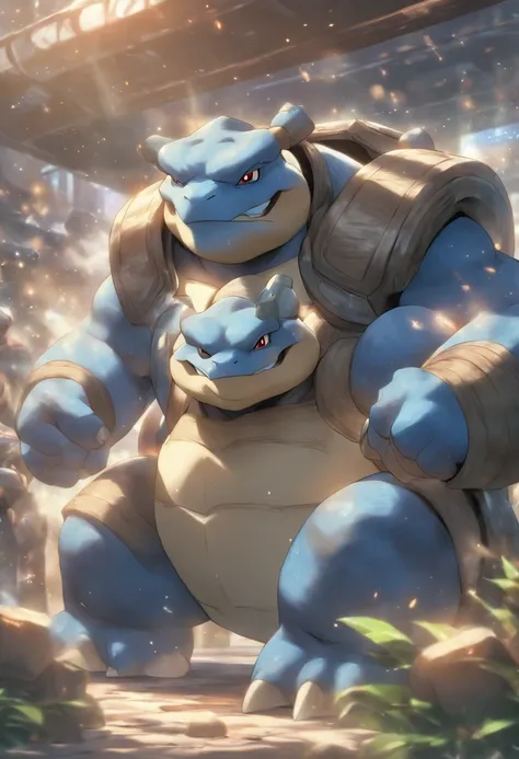 Blastoise is training bench presses，Highest image quality，Cinematic texture，A masterpiece，tmasterpiece，two giną at the bag