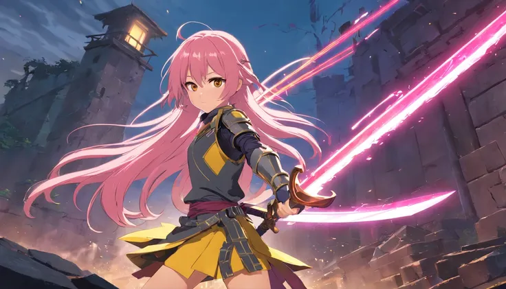 1 Girls slim little long pink long hair, Black and yellow armor wears a two-handed sword, Fight monsters in the ruins, hyper HD, Masterpiece, Anatomically correct, High quality, High details, A high resolution, Best quality, 8K