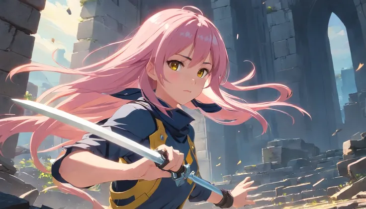 1 Girls slim little long pink long hair, Black and yellow armor wears a two-handed sword, Fight monsters in the ruins, hyper HD, Masterpiece, Anatomically correct, High quality, High details, A high resolution, Best quality, 8K