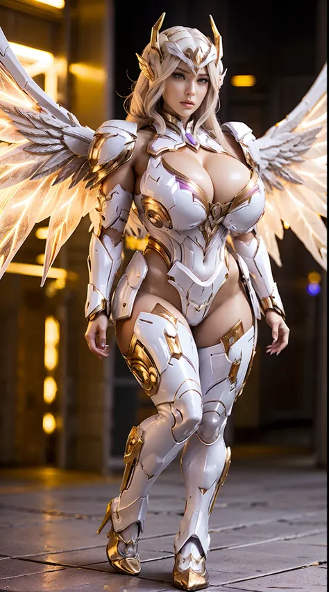 A WOMAN, BEAUTIFULL FACE, HUGE BOOBS, WHITE, GOLD, PURPLE, MECHA ARMOR FULL GEAR, (SUIT), (CLEAVAGE), (A PAIR LARGEST WINGS), (FULL BODY:1), TRANSPARANT, TALL LEGS, STANDING, SEXY BODY, MUSCLE ABS.