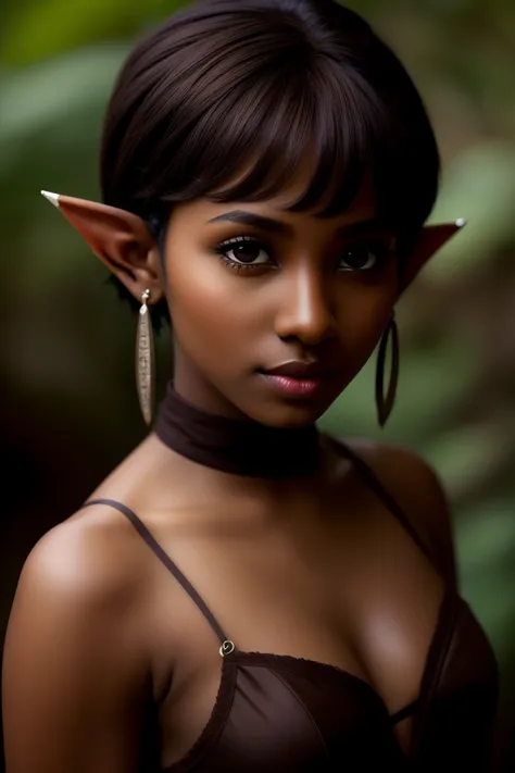 Masterpiece, high quality, (Deep brown skin tone), elf, fit, beautiful elf, sexy elf, female, portrait, piercings, virgin, black eyes, princess, Aesthetic, pixie cut, LOTR, photographic