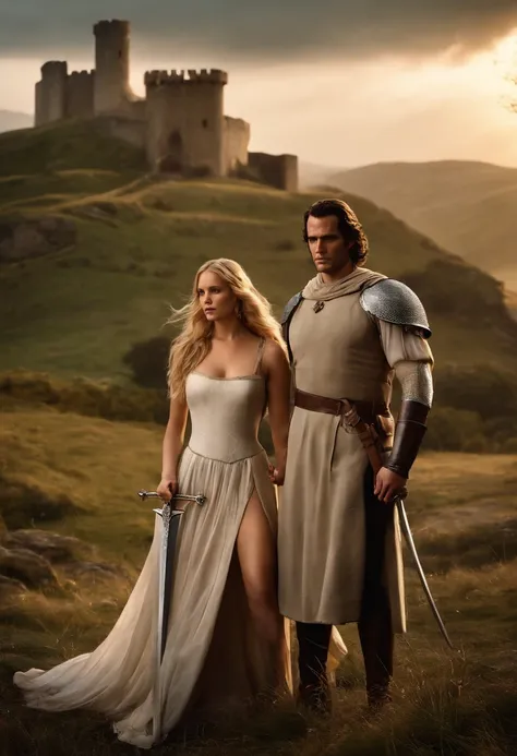 Couple standing, Henry Cavill, as a knight Templar, medieval fort in background, long hair, long sword in hand, and Jennifer Lawrence as a beautiful damsel behind him, large breasts, completely naked, a transparent cloth wrapped around her, on battlefield