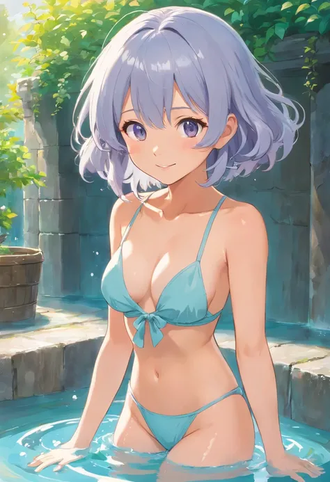 Female Student，nffsw，Standing in a large open-air bath　Silver hair long perm　朧月　Bewitching　barechested　ssmile，style of anime，Highlight，full of details，Get wet