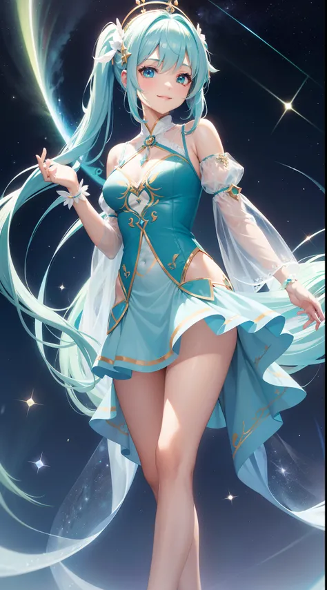 Super Idol　a beauty girl　A charming smile　sky blue hair　length hair　Twin-tailed　Light green see-through outfit　Facing the front　Mystical　Fantasia　constellation　a moon　Crystal Brilliance　Aurora Borealis in the Night Sky