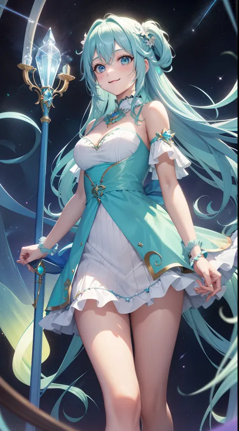 Super Idol　a beauty girl　A charming smile　sky blue hair　length hair　Twin-tailed　Light green see-through outfit　Facing the front　Mystical　Fantasia　constellation　a moon　Crystal Brilliance　Aurora Borealis in the Night Sky