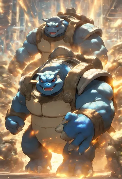 Blastoise is training bench presses，Highest image quality，Cinematic texture，A masterpiece，tmasterpiece，he have two guns at the back