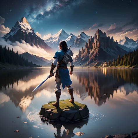 Legend of zelda, male hero holding sword, standing triumphant, dynamic light, mountains, night, stars, moonlight, campfire, reflection lake in background, hyper-realistic, best quality, black hair, medieval, castle on top of mountain in background, shield,...