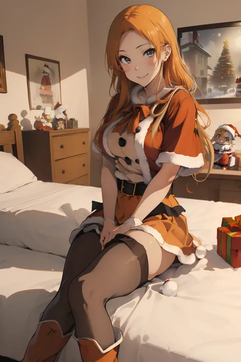 (​masterpiece、top-quality、top-quality、Beautifully Aesthetic:1.2)、ighly detailed、highestdetailed、grey  eyes、orange color hair|Semi-long blonde hair、((Santa Claus Costume))、(pantyhose)、Matsumoto Rangiku、graffiti art、Look at the viewer、A smile、Bedroom、on the ...