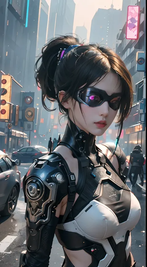 Best quality)), ((Masterpiece)), (Very detailed:1.3), 。.3D, Beautiful (Cyberpunk:1.3)), 1 girl, full bodyesbian, Ponytail white hairstyle, big breast, Slender body, slender hip, Big breasts, Look sideways at the pose, bottom angles, Dressed in full ((Heavy...