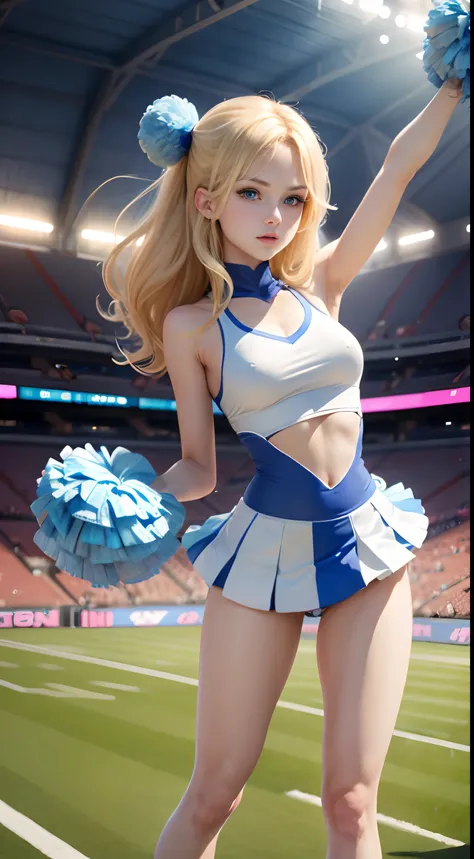 1girl in、Top image quality、Young Adult Women、hposing Gravure Idol、A slender、a blond、blue eyes、Stadium、cheer leading、cheerleaders、sneakers、Holding a pom-pom in both hands、A slender、realisticlying、ren、Correctly depict the structure of the human body、Anatomic...