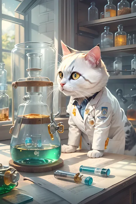 A round-eyed cat wears a white lab coat, Hold a round-bottomed flask, Chemistry laboratory, There is a test tube rack on the front, The glass case has medicines, Sunlight outside the window,