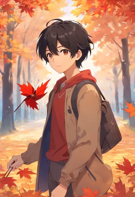 boy, 20 years old, black hair, autumn outfit, red maple leaf, holding small pinwheel, blowing pinwheel, autumn