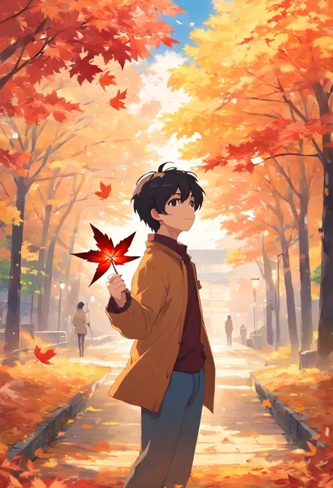 boy, 20 years old, black hair, autumn outfit, red maple leaf, holding small pinwheel, blowing pinwheel, autumn