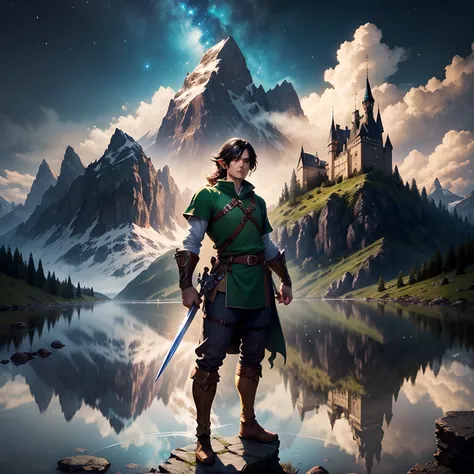 Legend of zelda, male hero holding sword, standing triumphant, dynamic light, mountains, night, stars, moonlight, campfire, reflection lake in background, hyper-realistic, best quality, black hair, medieval, castle on top of mountain in background, shield,...