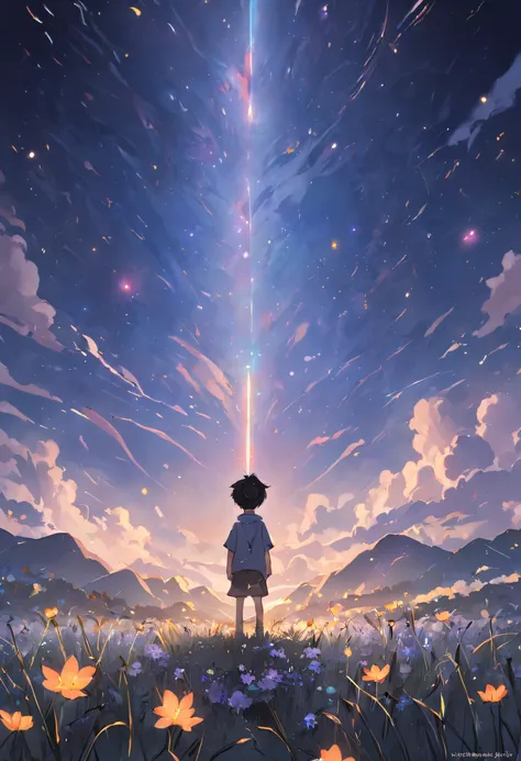 Expansive landscape photograph，（look from down，Above is the sky，Below are open fields），A little boy stood on a flower field and looked up，（moon full：1.2），（meteors：0.9），（Starcloud：1.3），Far Mountain, Tree BREAK making art，（Warm light source：1.2），（glowworm：1....