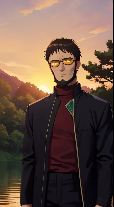 1boy, 独奏, gendo ikari, a dark-haired, a beard, facial hairs, black jacket, red turtleneck, yellow sunglasses, is standing, a par...