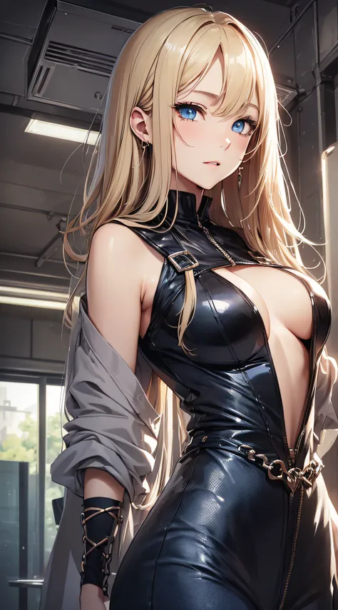 top-quality、Top image quality、​masterpiece、girl with((18year old、Disheveled black prison uniform、 Best Bust、Bust 85、a blond、Semi-long、Blue eyes、open chest wide、Valley、Happiness、A slender、Seduction poses、Bad face)）hiquality、Beautiful Art、Background with((pr...