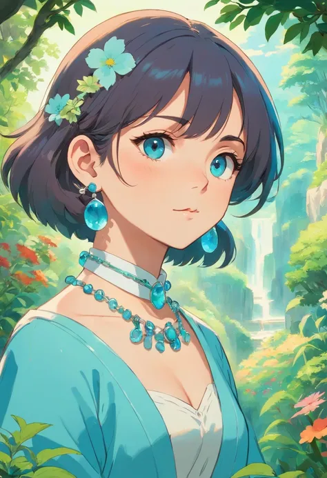 A girl wearing an anime collar, A long necklace and earrings, inthe style of tranquil gardenscapes, colorful animation stills, Masami Teraoka, aquamarine, Paul Gauguin, Amber style, Honest portrayal