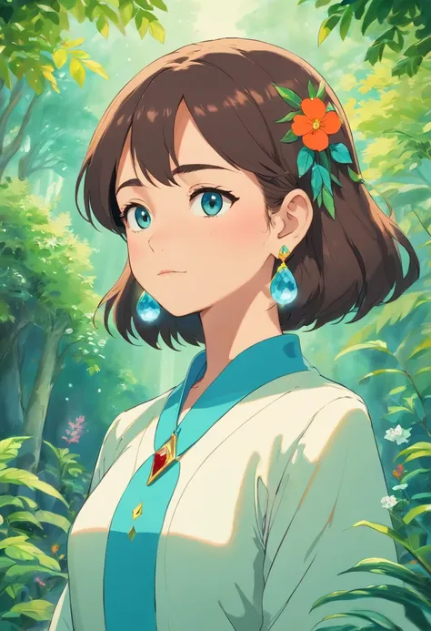 A girl wearing an anime collar, A long necklace and earrings, inthe style of tranquil gardenscapes, colorful animation stills, Masami Teraoka, aquamarine, Paul Gauguin, Amber style, Honest portrayal