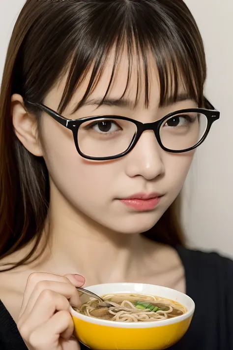 ((Girl Eating Ramen、Glasses are fogged up、ふーふーする))、(realisitic、Photorealsitic、ultra-detailliert、Highest Details Skins、top-quality、​masterpiece、超A high resolution)、Cute Japan Woman、17 age、hi-school girl、younggirl、1 girl in、二重まぶた、drooing eyes、Japanese style ...