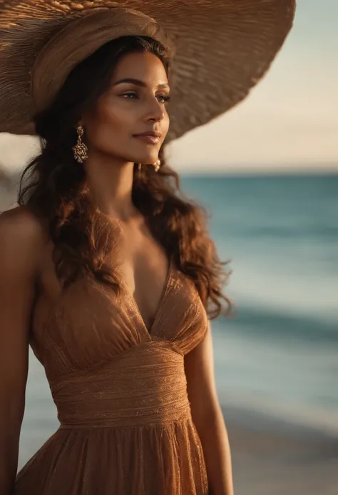 Brown woman with long brown eyes dressed in a long dress by the sea very pretty with a thin smile quite thin view of the whole body realizes