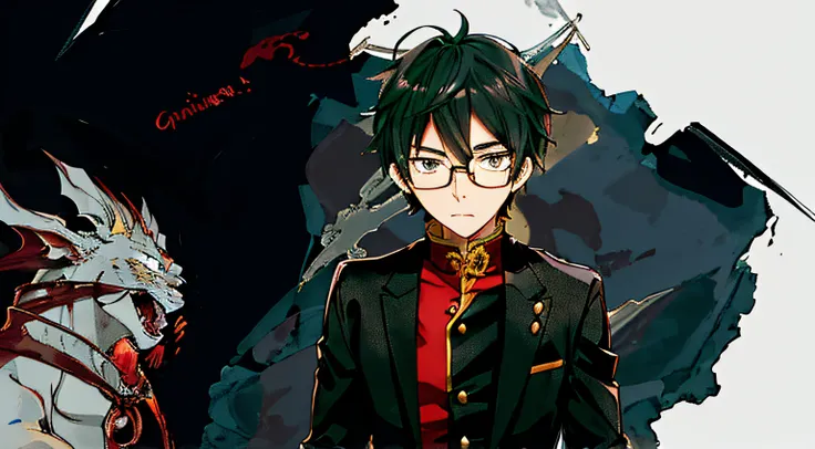 Anime boy with yellow eyes like a Dragon and wears glasses, uma jaqueta preta, inspirado em Okumura Togyu, inspirado em Okumura Masanobu, jovem homem de anime, anime moe artstyle, personagem estilo anime, estilo anime masculino, como um personagem de anime...