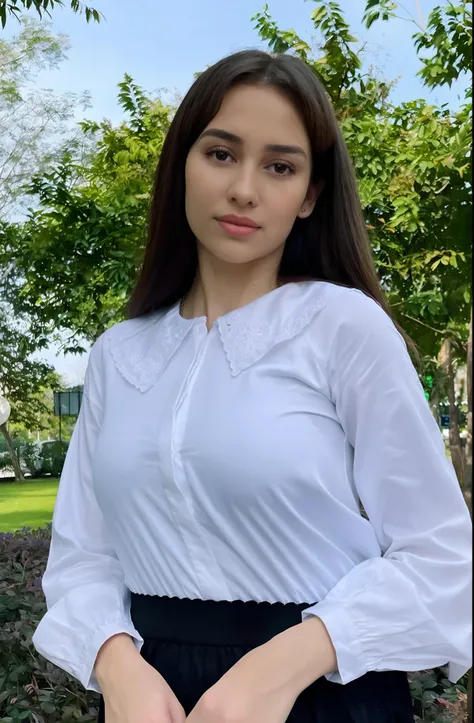 a close up of a woman in a white shirt and black skirt, clothed in white shirt, blanca alvarez, julia sarda, white blouse, karla ortiz, wearing a blouse, thick collar, basic, anastasia ovchinnikova, white shirt, lorena avarez, white wrinkled shirt, fine wh...