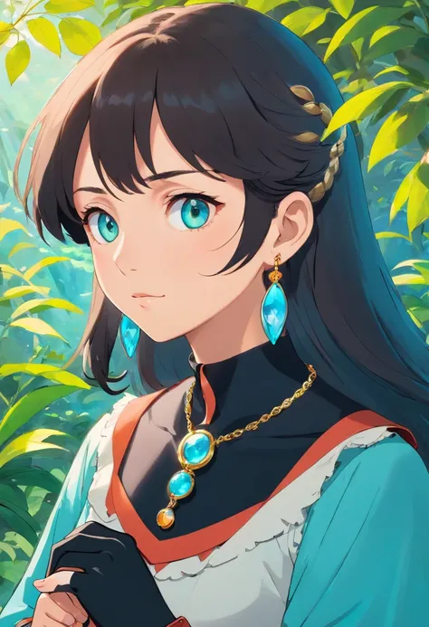 A girl wearing an anime collar, A long necklace and earrings,black glove， inthe style of tranquil gardenscapes, colorful animation stills, Masami Teraoka, aquamarine, Paul Gauguin, Amber style, Honest portrayal